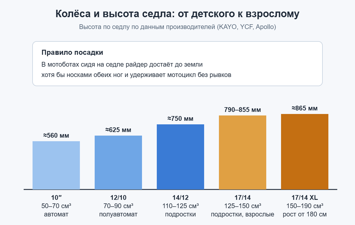 Размеры колёс питбайков 10, 12/10, 14/12, 17/14 и высота седла по данным производителей