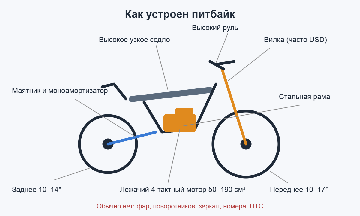 Схема устройства питбайка: лежачий мотор, стальная рама, вилка, маятник, колёса 10–17 дюймов