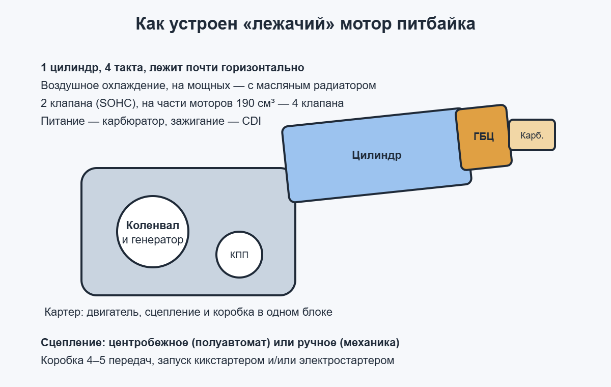 Схема лежачего двигателя питбайка: цилиндр, головка, карбюратор, коленвал, коробка в одном картере