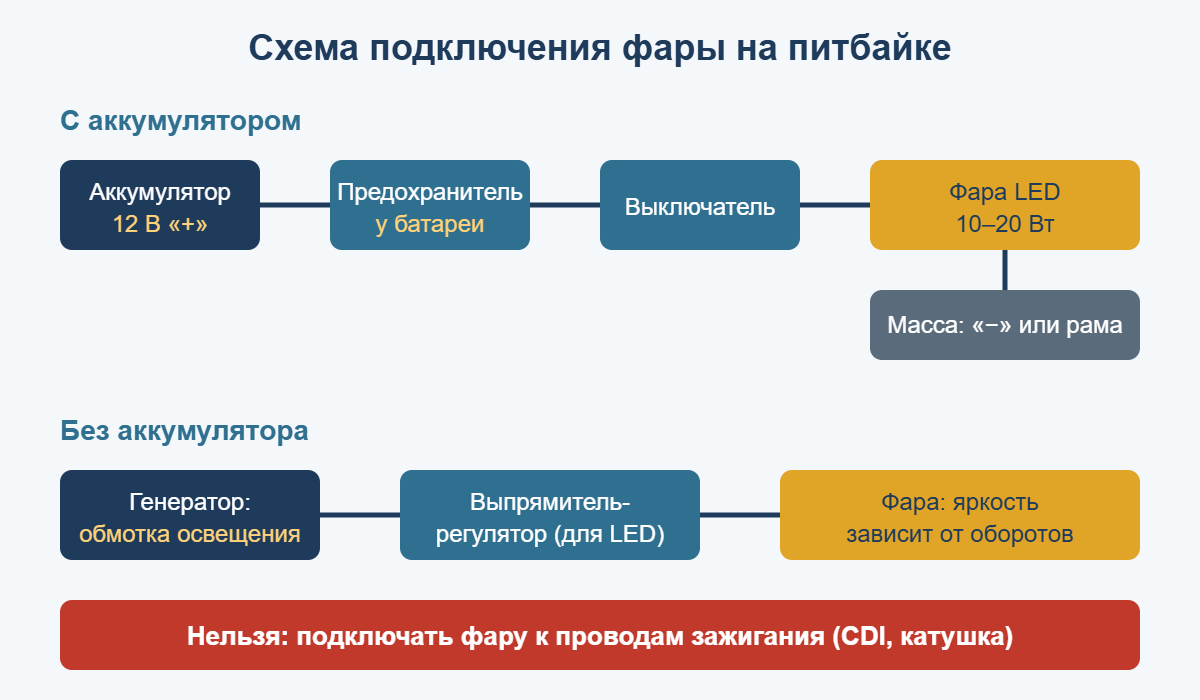 Схема подключения фары на питбайке с аккумулятором и без аккумулятора