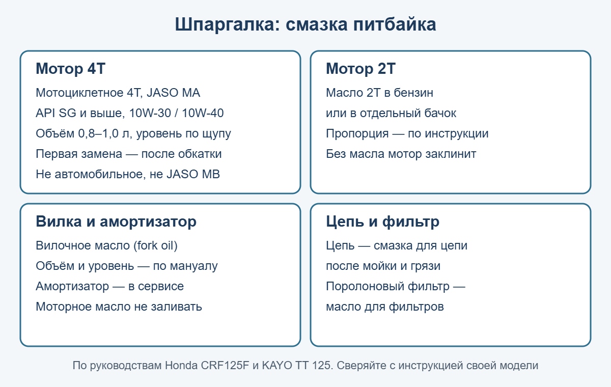 Шпаргалка по смазке питбайка: масло для мотора 4T и 2T, вилки, цепи и воздушного фильтра