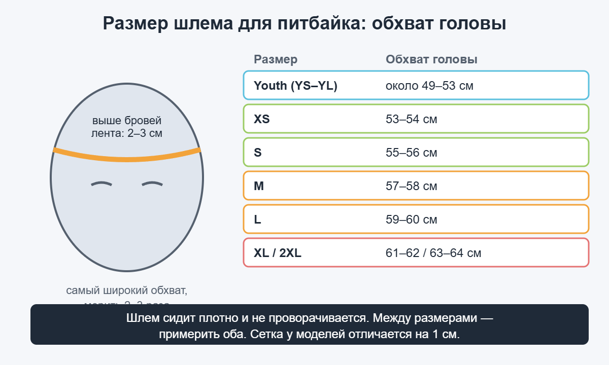 Размер шлема для питбайка по обхвату головы: Youth, XS, S, M, L, XL и как измерить голову